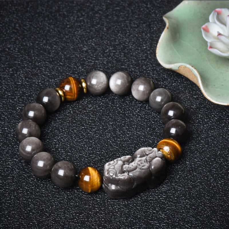 Attract Wealth-Pixiu Natural Obsidian and Tigea eyes chain bracelet