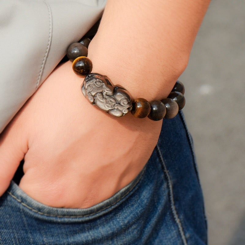 Attract Wealth-Pixiu Natural Obsidian and Tigea eyes chain bracelet