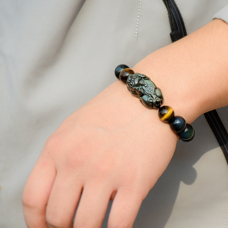 Attract Wealth-Pixiu Natural Obsidian and Tigea eyes chain bracelet