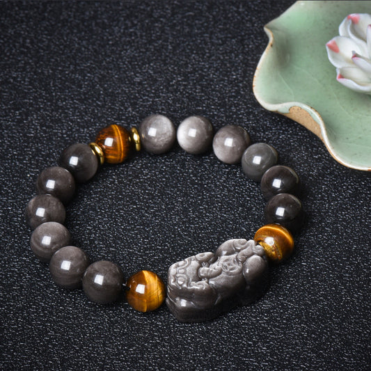 Attract Wealth-Pixiu Natural Obsidian and Tigea eyes chain bracelet